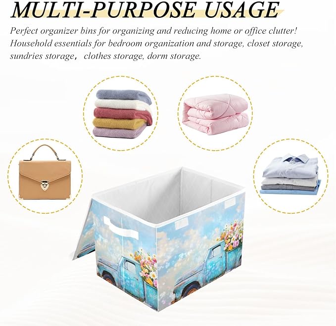 AIXIWAWA Lidded Storage Cube (Flower Truck) Fabric Foldable Closet Bins with Flip Lid and Handles Organizer Basket Container 16.5 x 12.6 x 11.8 IN