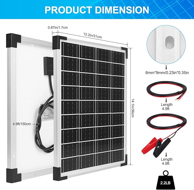 Solar Panel 20W 12V Monocrystalline Waterproof Solar Panel Kit with 10A Charger Controller for RV Trailer Car Rooftop Farm Battery and Other Off-Grid Applications