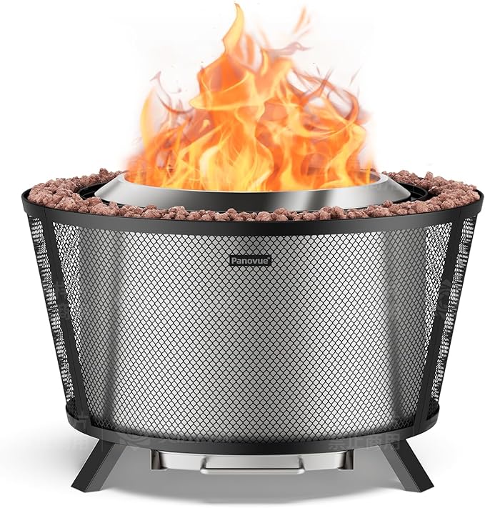 Panovue 29” Large Capacity Smokeless Fire Pit for OutsideHeavy‑Duty Wood Burning Firepit with Dual‑Wall Design Mesh Shield Pull‑Out Ash Pan Stylish Patio for Backyard Gatherings