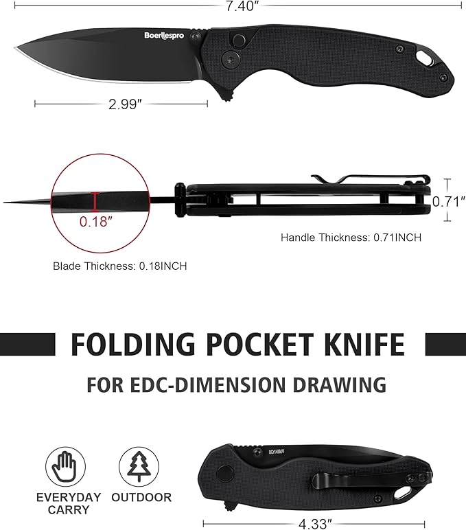 Pocket Knife – 2.99 8Cr14MoV Steel Blade G10 Handle | EDC Folding Knife with Pocket Clip for Men &amp Women | Sharp for Camping Fishing Hunting Tactical Use &amp Survival Hiking -Black