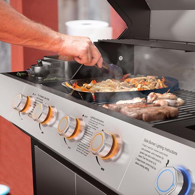 4 Led Burner Propane Gas Grill with Side Burner 60000 BTUs Output Stainless Steel Propane Grill for Outdoor Cooking and Patio Backyard Barbecue