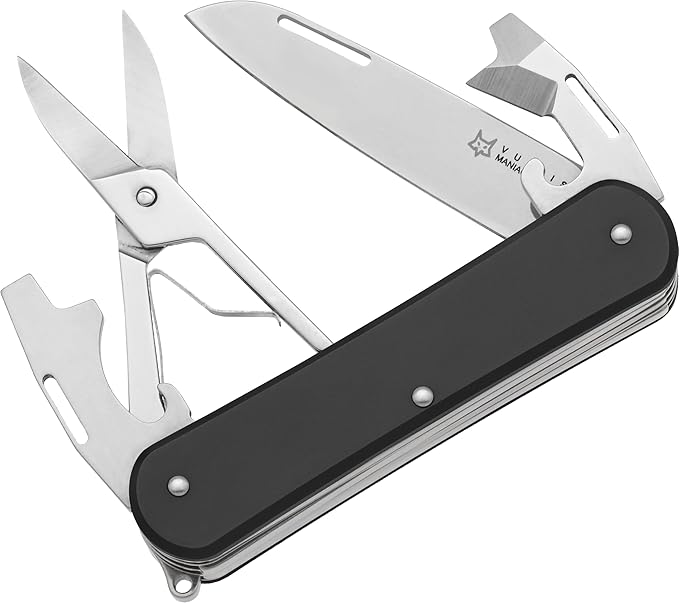 Fox Knives Vulpis FX-VP130-F4 Slipjoint Folding Knife 4-in-1 Multitool 2.17in Blade Bottle Opener Can Opener Flat Head Screwdriver Scissors - Compact Versatile Minimalist Pocket Knife (Black)