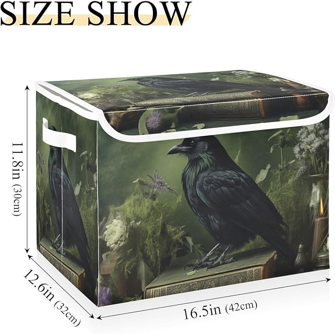 Storage Cube with Lid Collapsible Raven Book Flower Print Large Capacity Foldable Storage Basket Bin Organizer 16.5×12.6×11.8 IN