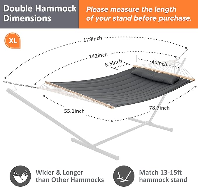 SUNCREAT Heavy Duty Hanging Tree Hammock 475 lbs Capacity Two Person Hammock with Large Soft Pillow Tree Hooks Gray