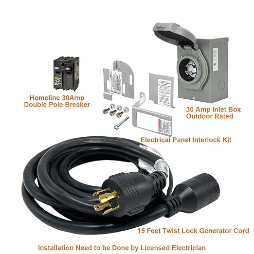 30 Amp Generator to House Hook-up Kit for Square D Homeline 150/200/225 Amp Load Center Including Generator CordPower Inlet BoxPanel Interlock Kit and Circuit Breaker (15 Ft Gen Cord)