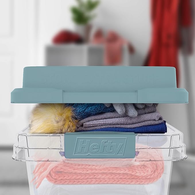 Hefty 18 Quart Hi-Rise Storage Bin with Lid Stackable Plastic Container for Home Office and Classroom Organization 8 Pack Smoke Blue