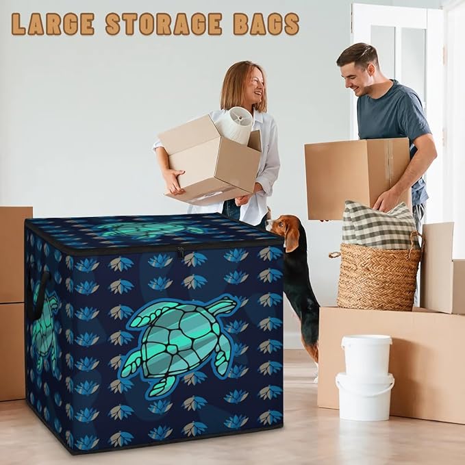 Large Sea Turtle Storage Bags with Lid XL Blanket Clothes Storage Bins Foldable Organizers Storage Containers with Handle for Comforters Bed Sheets Pillows Ocean Animal