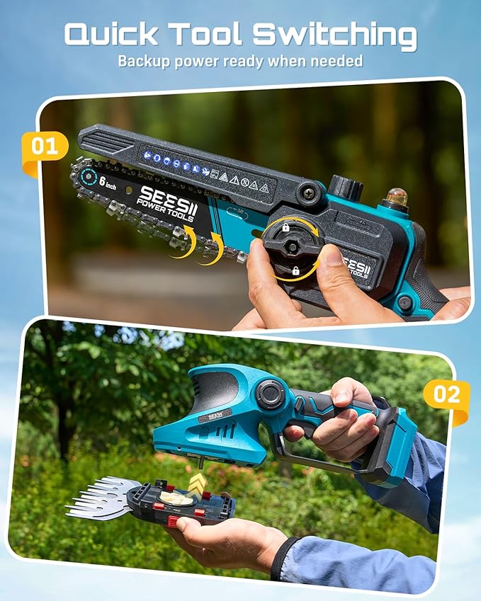 SEESII Electric Chainsaw Trimmer Pruner: 3-in-1 Cordless Chainsaw Hedge Trimmer Pruning Shears with 2× Rechargeable 4000mAh Batteries Garden Tool Kit for Tree Trimming and Branch Cutting