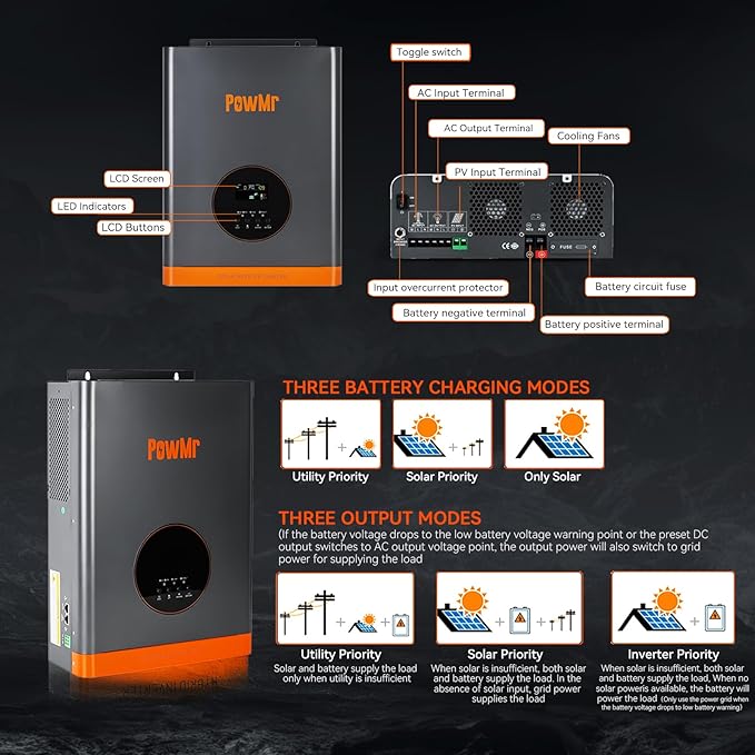 PowMr Solar Inverter 3000W 24V Peak 9000W Low-Frequency Pure Sine Wave Inverter 24V to 110V Built-in 60A MPPT Controller fit for Lead-Acid Lithium Battery and Support Utility/Solar Charge