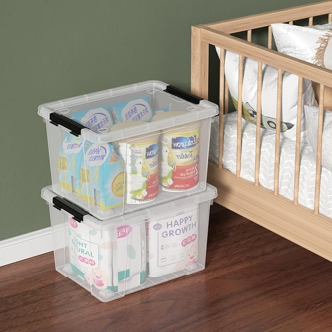 Set of 4 34 L Stackable Plastic Storage Bins with Latching Lids and Wheels Clear Home Organization Container Box See-Through