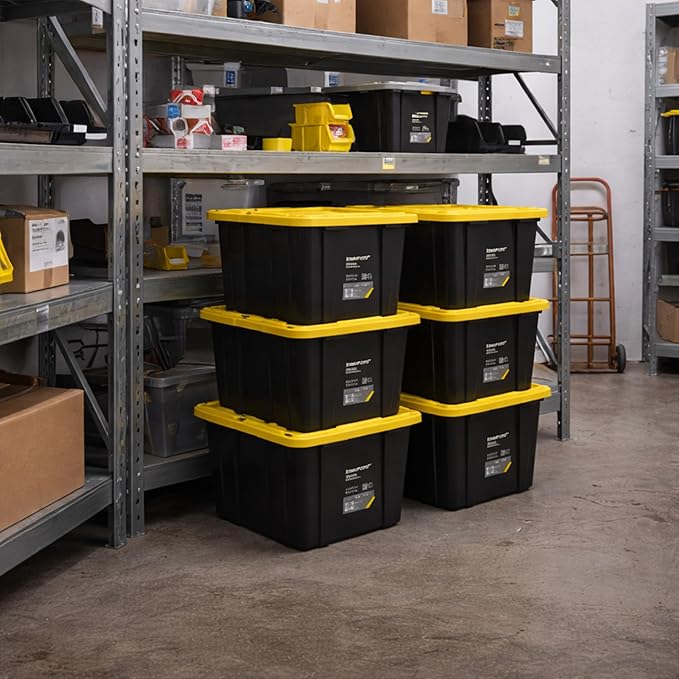 Ramtuff 6 Pack Heavy Duty Stackable Storage Container with Snap-Tight Lid Resistant To Weather Organization Tote 27 Gallon Black and Yellow
