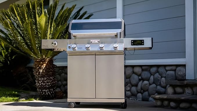 Monument Grills 4+1 Liquid Propane Gas Smart BBQ Grill 4 Burners &amp 1 Side Burner Denali 405 Stainless Steel with Smart technology Knob Controls Outdoor Use