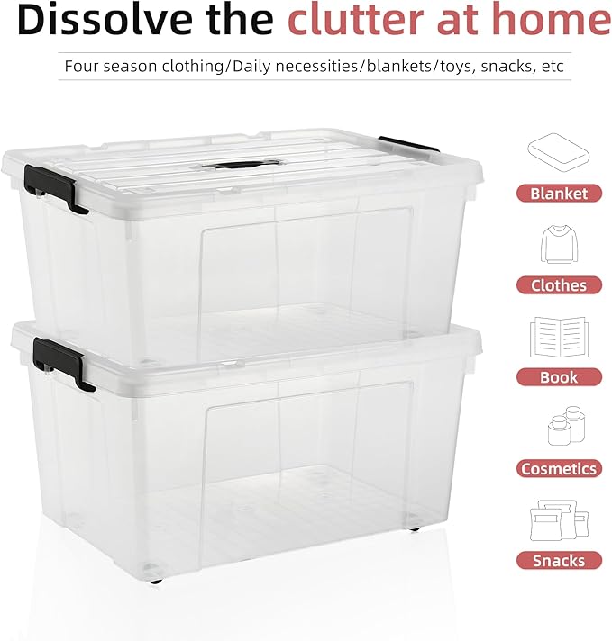 2 Packs 105 Quarts Heavy Duty Storage Bins with Lids Wheels Plastic Storage Containers - Locking Lid Stackable Clear Bins for Garage/Closet Crush-Proof Design (2 100L with Wheels)