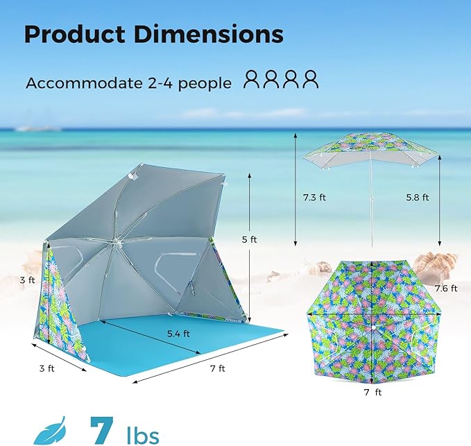 Tangkula Beach Tent for 2-4 People 2-in-1 Beach Tent Sun Shelter with Extendable Floor Roll-Up Windows UPF50+ Easy Setup Beach Umbrella for Shade Pool Backyard Camping