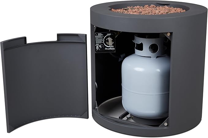 Real Flame Aegean 24 Round Propane Gas Fire Pit Table with Hidden Tank 50000 BTU Powder-Coated Steel Push-Button Ignition Lava Rock Storage Cover Stainless Steel Burner with Lid - Wthrd Slate