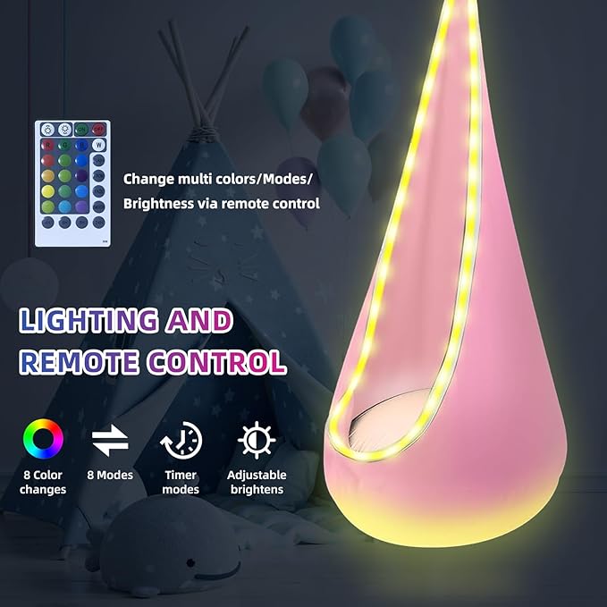 Light Up Swing Chair Hammock Chair Indoor Outdoor for Kids Pod with LED Lights Soft and Safe 176 lb. Load Capacity Easy Installation Perfect for Bedroom Garden and Playroom (Pink)