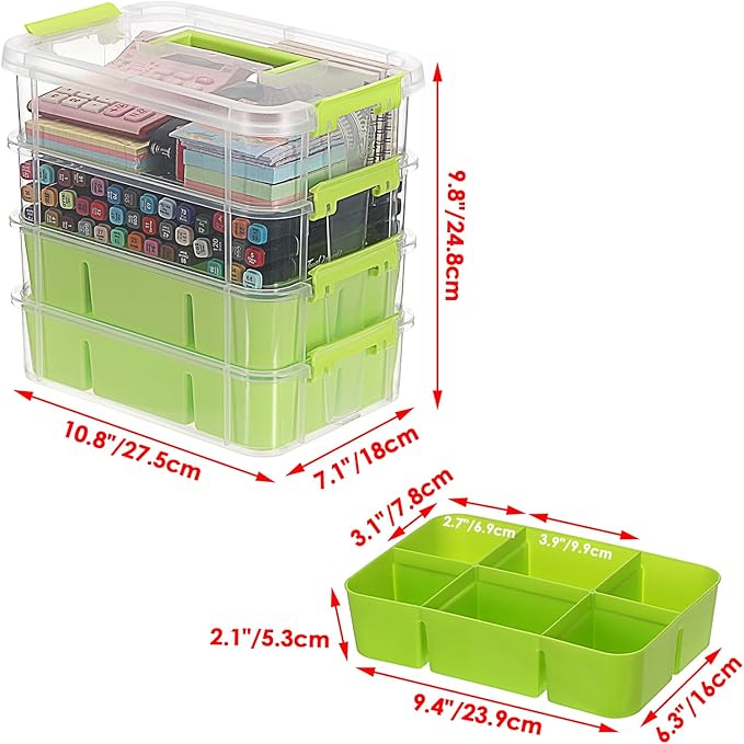 JUXYES 4-Tiers Stack Carry Storage Box With 2 Divided Tray Transparent Stackable Storage Bin With Handle Lid Latching Storage Container for School &amp Office Supplies Green