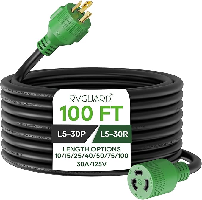 RVGUARD 3 Prong 30 Amp 100 Foot Generator Extension Cord NEMA L5-30P/L5-30R 125V 10 Gauge SJTW Generator Power Cord with Cord Organizer ETL Listed