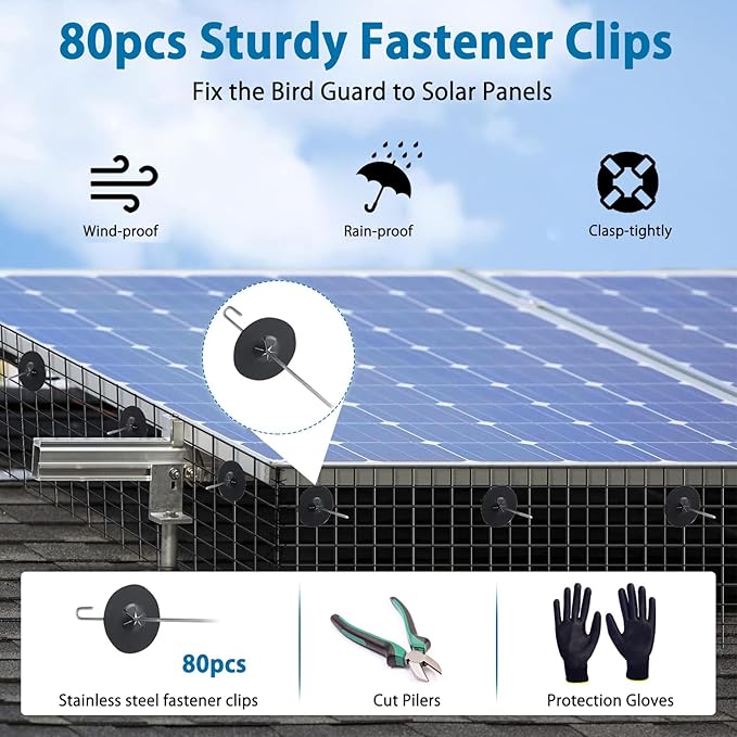 Solar Panel Bird Guard8in x100ft Critter Guard for Solar Panels with 80pcs Fastener ClipsPVC Coated Critter Guard with Gloves and Pliers1/2in Pigeon Solar Panel Mesh for Bird Proofing