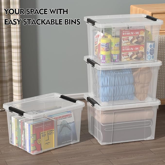 4-Pack Holiday Tote Plastic Storage Organizer Bins with Wheels 50 L Clear Stackable Organizing Containers for Home Garage and Office
