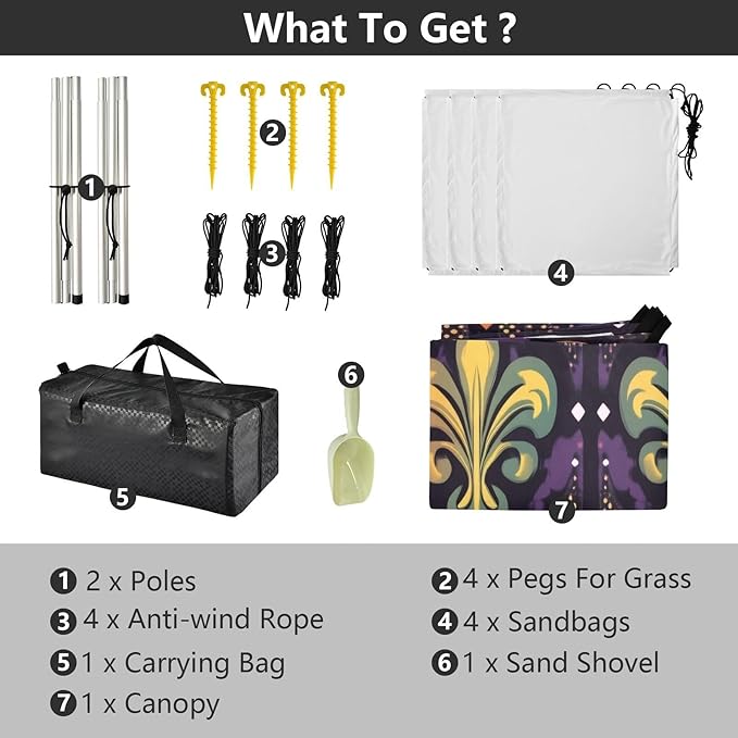Fleur De Lis Flower Mardi Gras Beach Tent Sun Shelter Set UPF50+ UV Protection 10.5 x 9.19 FT Camping Shade Canopy with Sandbags Sand Anchors Carrying Bag and Others