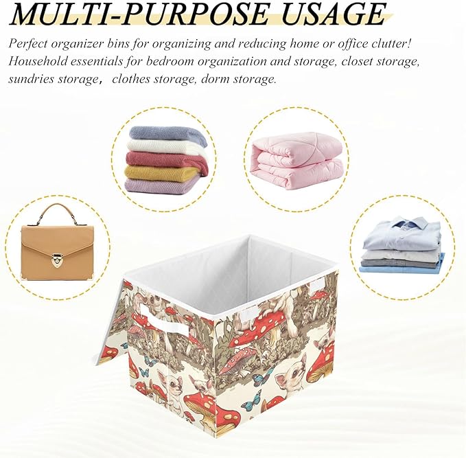 Collapsible Storage Bins with Lids Decorative Fabric Storage Cubes Closet Organizer and Storage Basket Boxes Containers for Clothes Box Chest Nursery Folding Rectangle Mushroom Chihuahuas