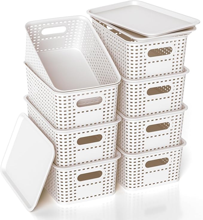 Plastic Storage Basket with Lid Stackable Small Box Bins for Organizing and Containers for Shelves Drawers Desktop Closet Playroom Pantry Classroom Office Home 8 Pack 10.2x7.2x4.1 Inch White