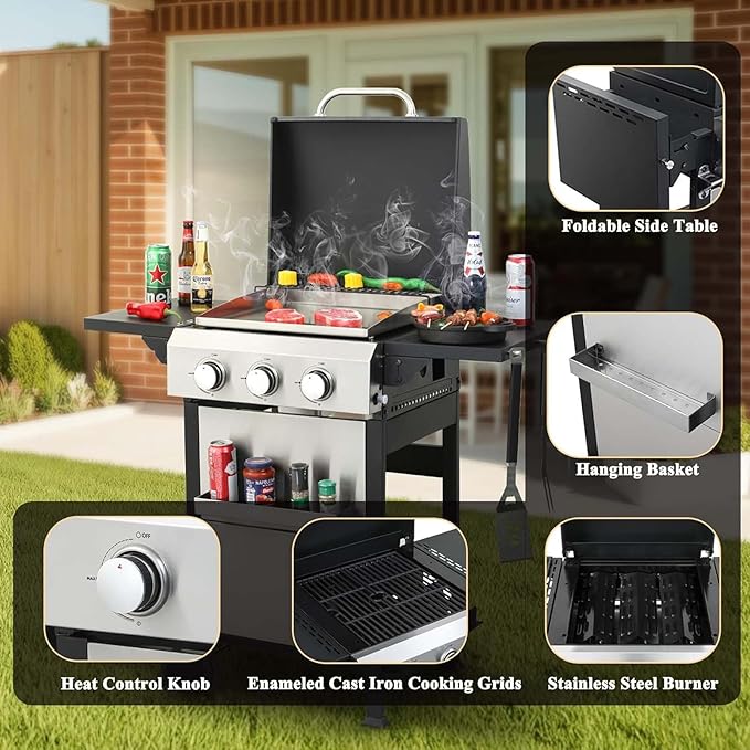 3 Burner BBQ Propane Gas Grill with Plancha Griddle Stainless Steel Patio Garden Barbecue Grill with Two Side Shelves36900 BTU Outdoor Barbecue Cooking with Top Cover Lid