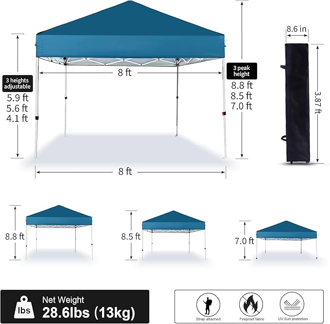 Pop Up Canopy 8X8 FTPortable Sun Instant Shelter w/Backpack BagWaterproofAdjustable Straight Leg Heights CanopiesOutdoor Tents for PartiesCampingCommercial EventLake Blue