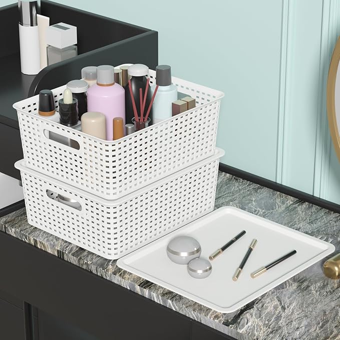 Hespama 6-Pack Plastic Weave Storage Basket with Lid Stackable Organizer Basket White