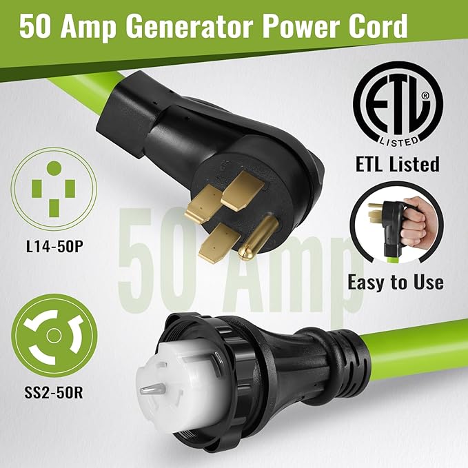 Seeutek 50 Amp Generator Cord - 25 FT 4 Prong Generator Extension Cord with Pre-drilled Power Inlet Box NEMA 14-50P/SS2-50P ETL Listed Black+Green 50amp 50A 25FT