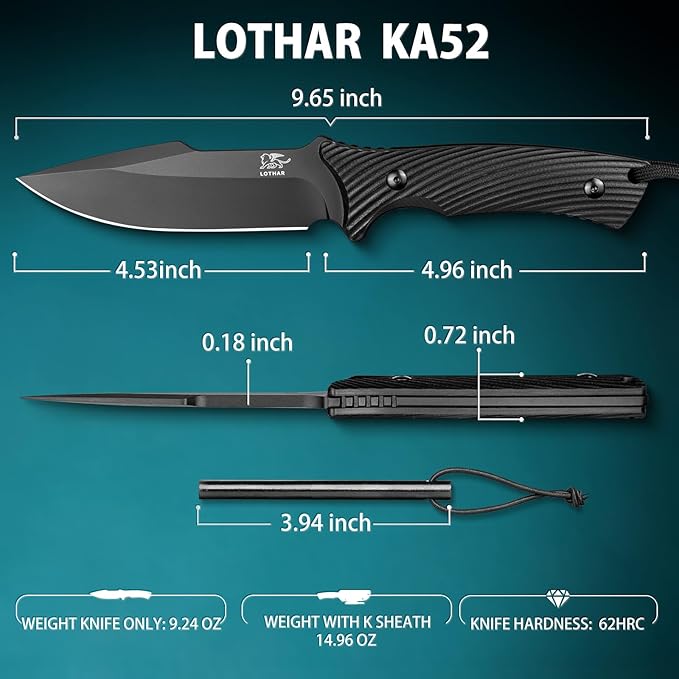 LOTHAR KA52 Fixed Blade Knife Sharp D2 Steel Blade Survival Knives with Kydex Sheath Hunting Knives with G10 Handle Camping Bushcraft Knife for Outdoor Camping Gifts For Men