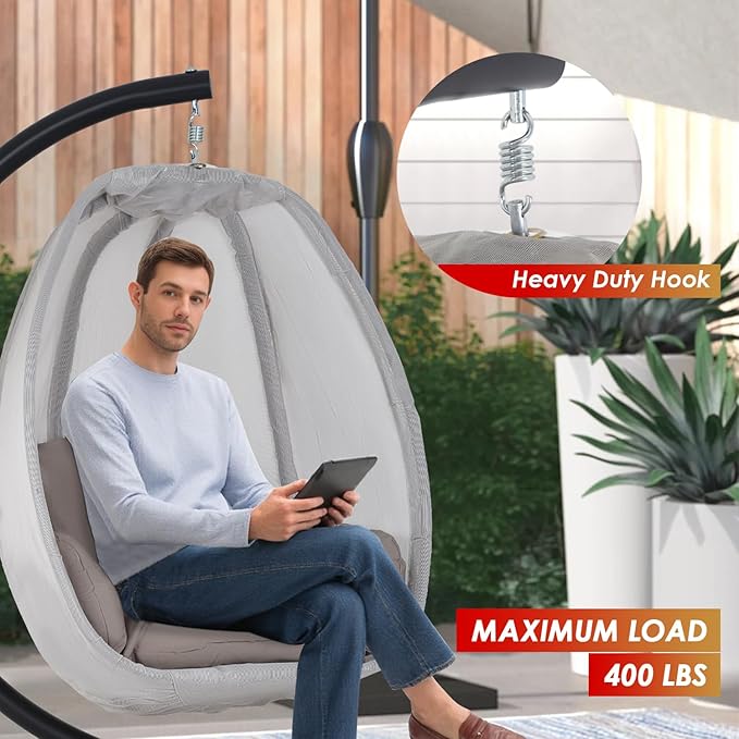 Egg Chair with Comfy Cushions Indoor Outdoor Hanging Chair Sturdy Heavy Duty Hammock Chair with Stand Cushions Breathable Fabric Cover for Patio Bedroom Garden Poolside Grey