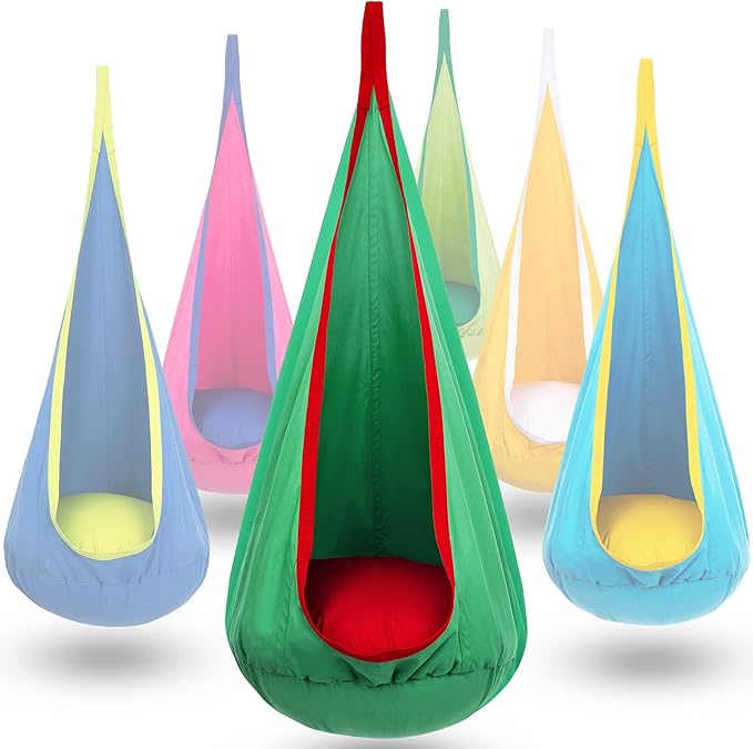 Y- STOP Kids Pod Swing Chair Hammock Chair Swing with Inflatable Pillow Sensory Swing with Pocket for Outdoor and Indoor Max 176Lbs(Green and Red)
