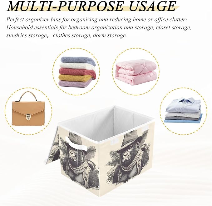 Storage Cube with Lid Gorilla Adventure Print 16.5×12.6×11.8 IN Collapsible Large Capacity Foldable Storage Basket Bin Organizer