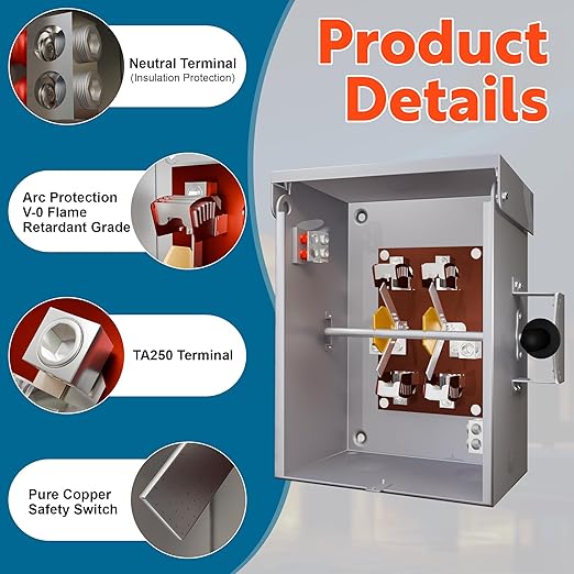 Upgraded 200 Amp Generator Transfer Switch Manual Transfer Switch 2 Pole 4 Wires 120/240-Volt 48000-Watt General-Duty Double Throw Safety Switch Heavy Duty Safety Switch (200A-2P)