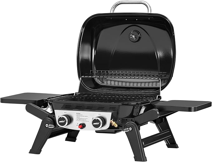 Royal Gourmet GT2005 2 Burner Portable Propane Gas Grill with Foldable Side Tables &amp Foldable Support Legs Tabletop Gas Grill with Warming Rack for Outdoor Cooking &amp Grilling Black