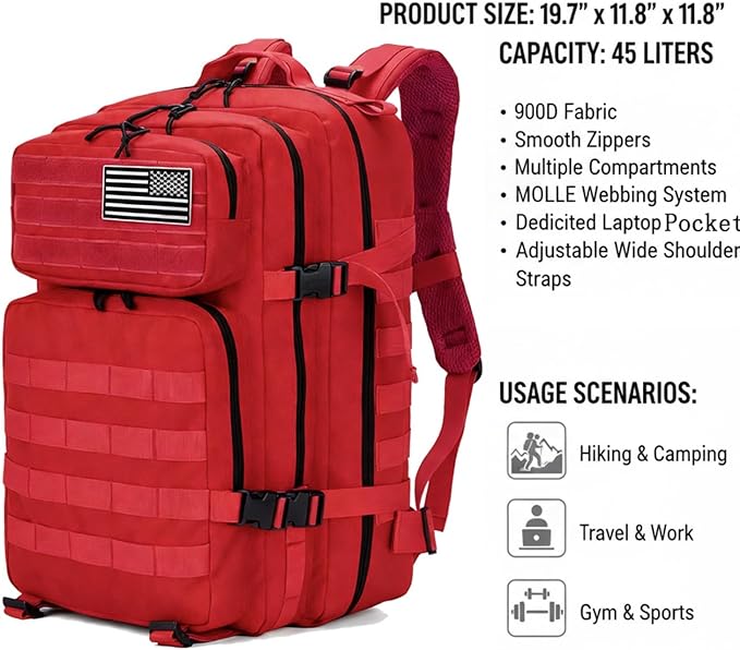 45L Military Tactical Backpack for Men &amp Women Bug Out Bag Assault pack Molle Daypack Hiking Trekking Rucksack(Red)