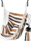 Chihee Hammock Chair Hanging Swing 2 Pillows IncludedStrong Webbing Straps and Hooks for Easy Hanging Soft Cotton Hanging Chair Side Pocket Tassel Chair Comfort Indoor Outdoor Brown Stripes