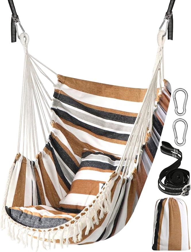 Chihee Hammock Chair Hanging Swing 2 Pillows IncludedStrong Webbing Straps and Hooks for Easy Hanging Soft Cotton Hanging Chair Side Pocket Tassel Chair Comfort Indoor Outdoor Brown Stripes