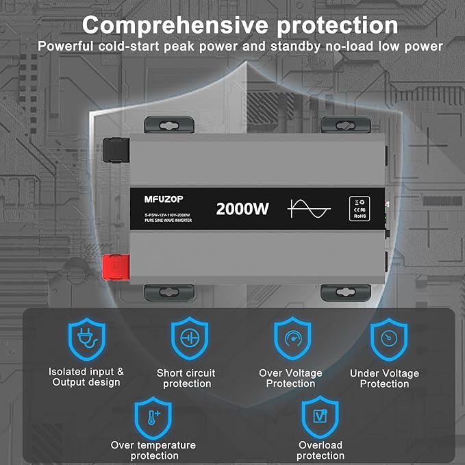 2000W Pure Sine Wave Inverter 12V DC to 110V/120V AC Surge 4000W Power Inverter for Car RV Truck Home Solar &amp Off-Grid with 2 AC Outlets USB/Type-C LCD Display and Remote Control