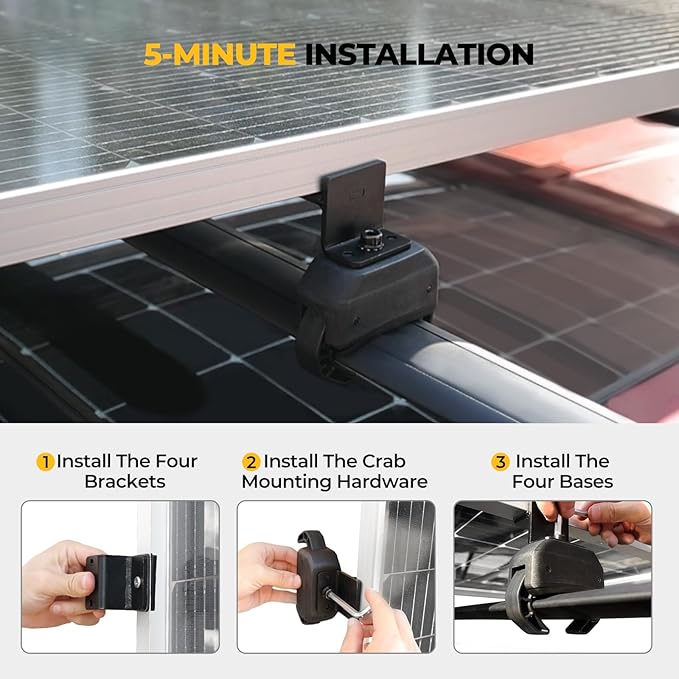 BougeRV Solar Panel Crab Mounting Kit for Cars with Cross Bars Roof Rack Clamps Fits Most Luggage Rack Without Drilling 100 to 200 Watt Solar Panel Mounting Brackets Auto Off-Grid Solar Systems