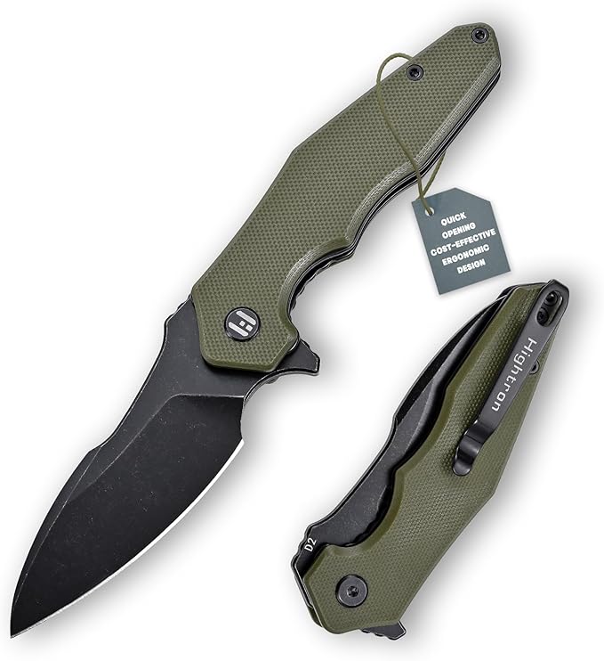 Hightron Mini Ventura Flipper Pocket Knife 2.85 D2 Blade and Ergonomic G10 Handle EDC Folding Knives for Camping Survival Hiking tool for Men Women (Green-B)
