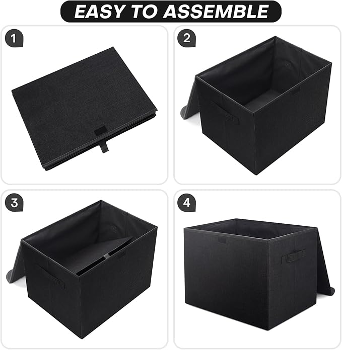 Bagnizer Large 22 Quart Linen Fabric Foldable Storage Bin Cube Organizer Basket with Flip-Top Lid &amp Handles Clothes Blanket Box for Home Office Closet Black 4 Pack 14.6 x 9.5 x 9.5”
