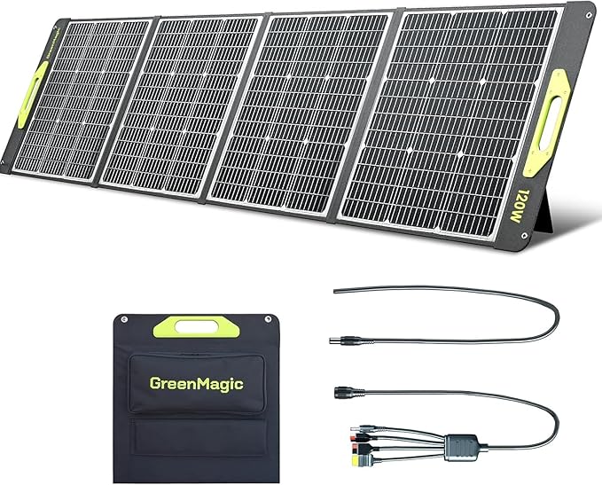 Greenmagic 120 Watt Portable Solar Panel Foldable 120W Solar Panel Charger 19V for Power Station Outdoor Camping RV Home IP67 Waterproof with an Adjustable Kickstand Case High 23% Efficiency
