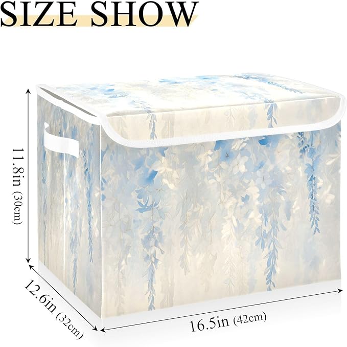File Organizer Box White Wisteria Storage Bin with Lid Foldable Baskets for Office Document Storage 11.8x12.6 x16.5