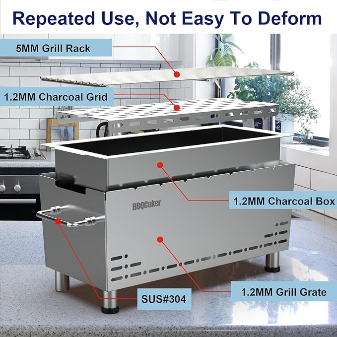 BBQCuker Portable Charcoal GrillHeavy-Duty Stainless Steel Small BBQ Grill with Double-Layer Insulation Design170 Sq. In. cooking AreaTabletop Grill with Travel Bag for Outdoor Camping and Picnic