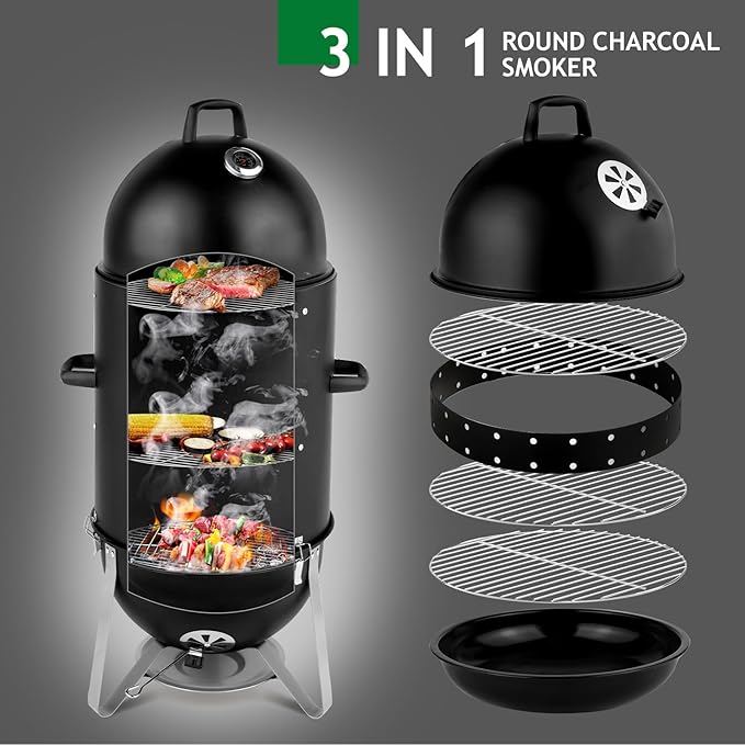 LEADZM 4-Tier 3-in-1 Vertical Charcoal Grill BBQ Charcoal Smoker with Built-in Thermometer Air Vent and Access Doors Perfect for Camping Picnics Backyard BBQs and Tailgating Parties