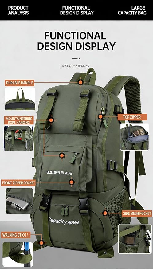 LINGYUE 45L Hiking Backpack Bagpack Waterpoof Outdoor Travel Daypack With 14 Laptop Compartment For Camping Trekking Climbing(Black)