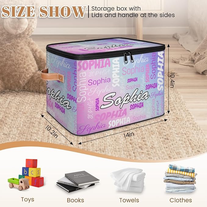 Custom Storage Bins with Zipper Lid Personalized Pink Purple Fabric Lidded Storage Baskets Boxes Foldable Cubes Clothes Organizer Container